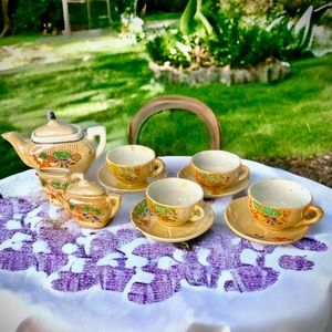 Childs tea set tiny miniature porcelain iridescent glaze 13 pieces Japan